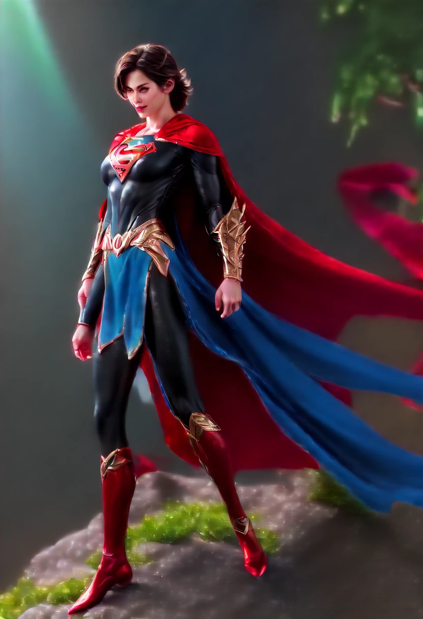 A beautiful woman, (from below: 1.3), (perspective: 1.2), looking at the audience, full body, full body photo, very huge breasts, high heels, (( grassland and black color dragon background)), (( fantasy theme)), (( full body armor, long skirt)), smile, ((holding a weapon)) , very big ass, purple color hair, ponytail hairstyle, ((Highest quality)), ((outstanding detail)), ((super high resolution: 3.5)), (fidelity: 1.4), ((best illustration, favor details, perfect detail rendering, ultra HD, masterpiece, ultra high res)), (photorealistic:1.5), raw photo, perfect brightness and darkness, light ray, perfect balance, smooth color transition, perfect body figure, full body frame, shining light, red and black color armor, aura, mantle, cape, Full detail armor design, crown, blue eyes, mature, age 39, adventure pant, perfect color layer, fighting pose, domineering posture, red scarf, royalty, majestic
