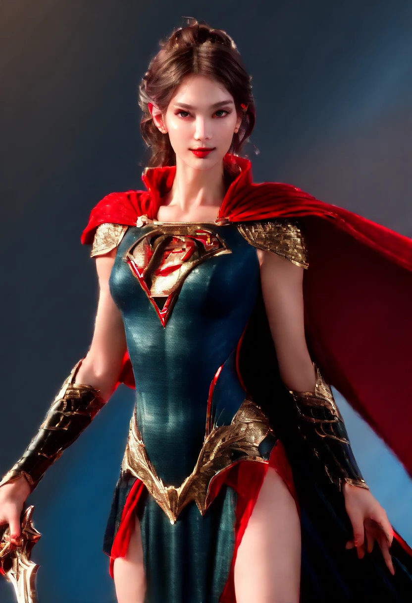 A beautiful woman, (from below: 1.3), (perspective: 1.2), looking at the audience, full body, full body photo, very huge breasts, high heels, (( grassland and black color dragon background)), (( fantasy theme)), (( full body armor, long skirt)), smile, ((holding a weapon)) , very big ass, purple color hair, ponytail hairstyle, ((Highest quality)), ((outstanding detail)), ((super high resolution: 3.5)), (fidelity: 1.4), ((best illustration, favor details, perfect detail rendering, ultra HD, masterpiece, ultra high res)), (photorealistic:1.5), raw photo, perfect brightness and darkness, light ray, perfect balance, smooth color transition, perfect body figure, full body frame, shining light, red and black color armor, aura, mantle, cape, Full detail armor design, crown, blue eyes, mature, age 39, adventure pant, perfect color layer, fighting pose, domineering posture, red scarf, royalty, majestic