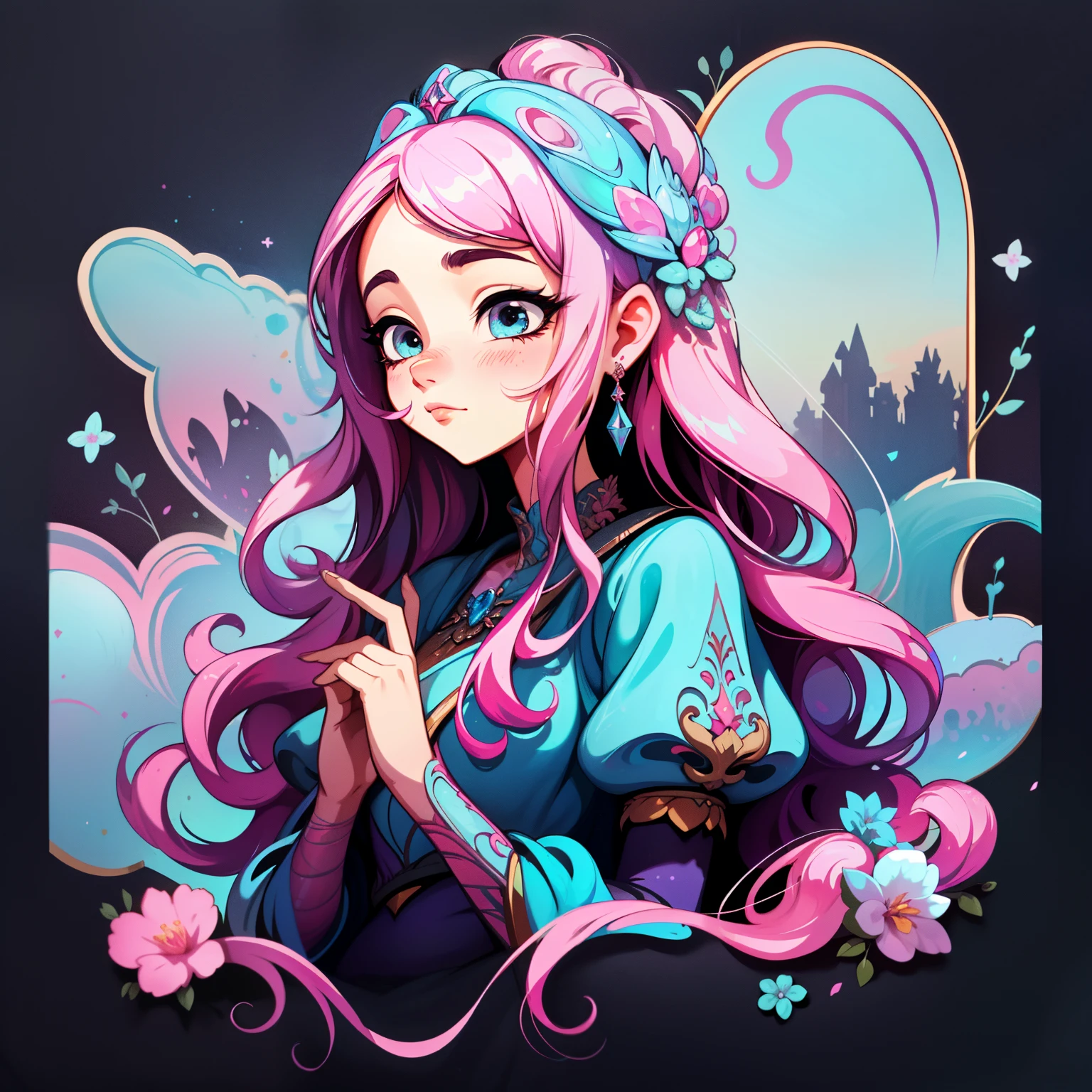 adesivo,1girl, fundo simples, retrato, girl with long hair, beautiful princess, princess aesthetic, beautiful princess, very beautiful fantasy art, beautiful and elegant female princess, beautiful detailed fantasy, blue and pink color palate, pink color-theme