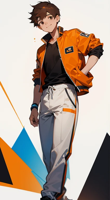 young male standing with a hand in his pocket, orange and black college jacket, white t-shirt underneath, grey pants, white sport sneakers, brown short hair, brown eyes, smiling, white background