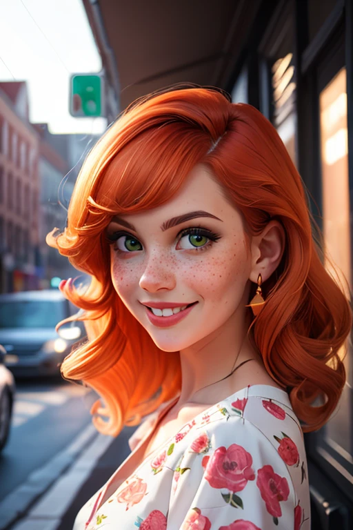 masterpiece portrait of a woman in Montreal at dawn, long hair, cute orange curly hair, smile, green eyes, freckles, floral print, dress, dawn, neon, rays of light, caustic, lens reflection, ((solo)), ishmael_limbus