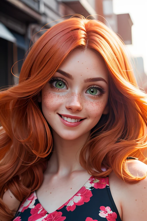 masterpiece portrait of a woman in Montreal at dawn, long hair, cute orange curly hair, smile, green eyes, freckles, floral print, dress, dawn, neon, rays of light, caustic, lens reflection, ((solo)), ishmael_limbus