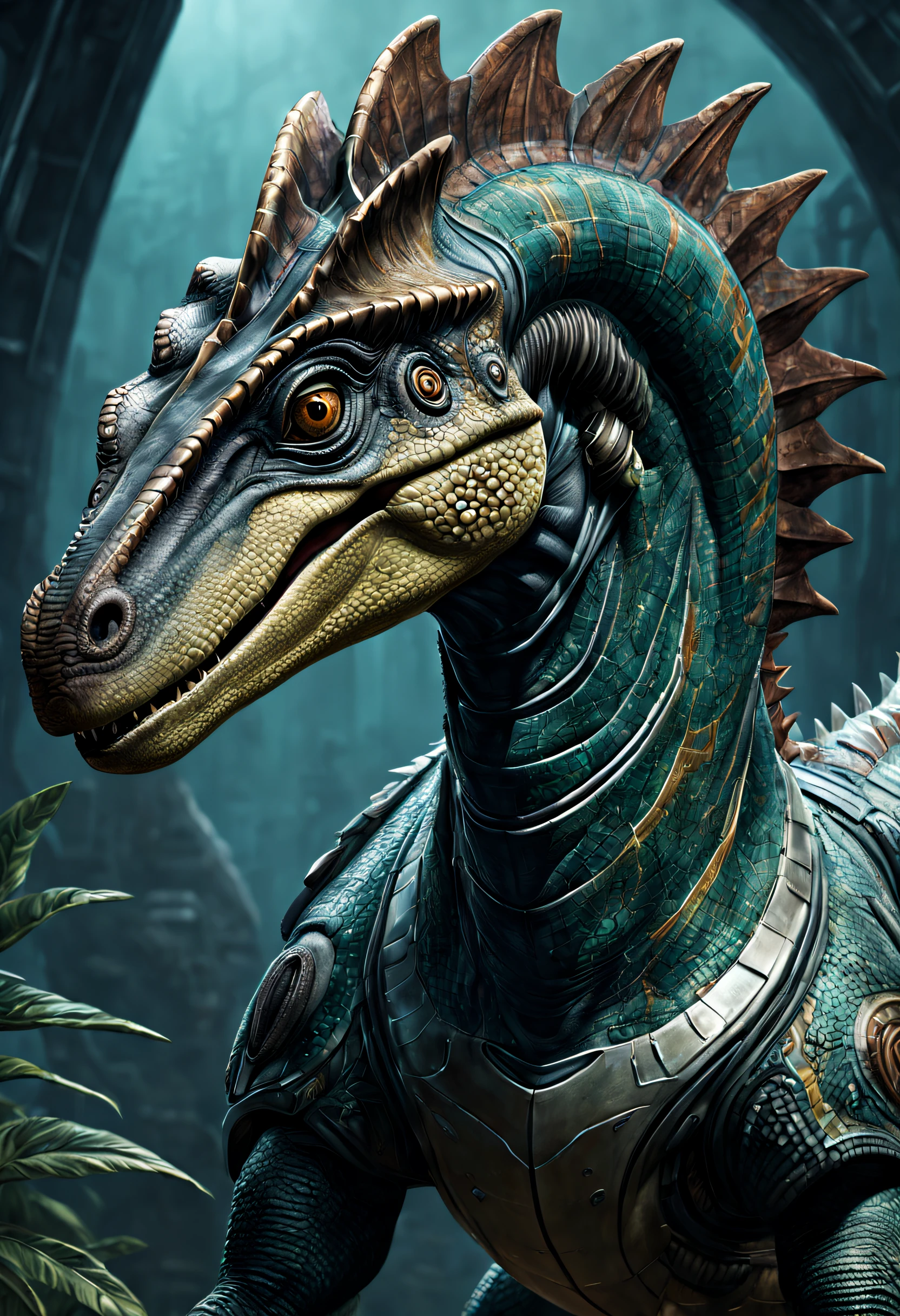 The portrait of a biomechanical tiranosaurus, highly detailed and textured, with a futuristic style.
