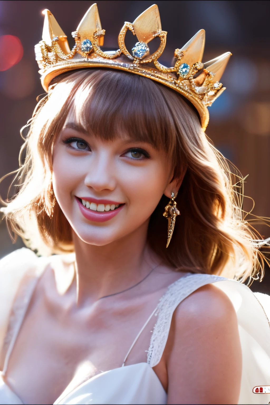 Best Shots，high-definition picture,Taylor Swift,Beautiful redhead woman (Wearing a crown), (Houdini, VFX, with a beautifull smile,Beautiful, 4K ),   white gown and red satin dress，