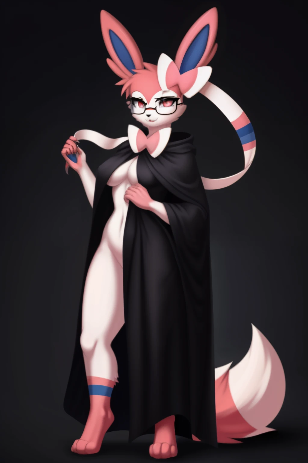 Sylveon, female vampire, red eyes, fangs, black cloak, glasses, one character, dark background, full body, fluffy tail