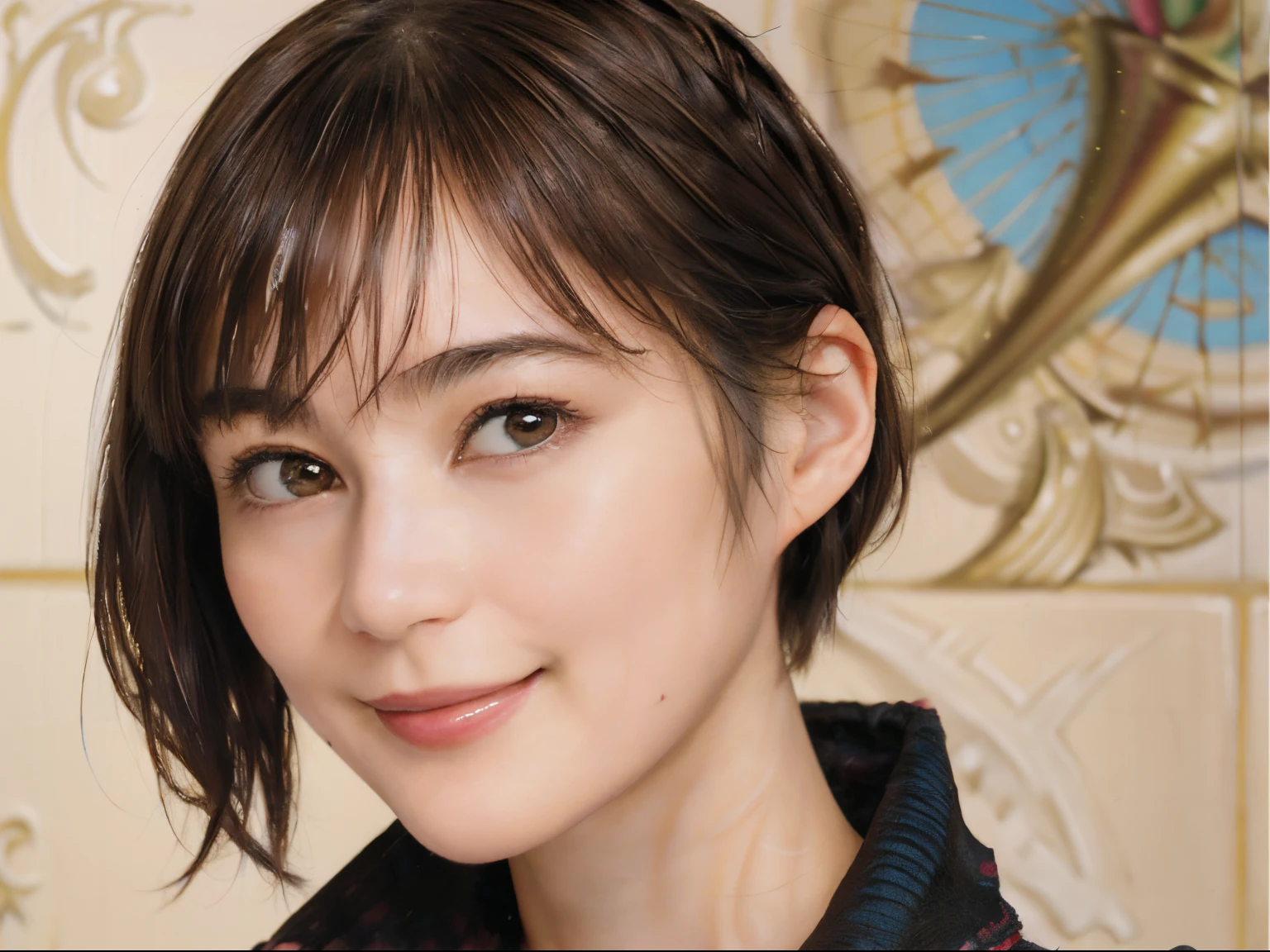 105
(a 20 yo woman,is standing), (A hyper-realistic), (high-level image quality), ((beautiful hairstyle 46)), ((short-hair)), (Gentle smile), (Keep your mouth shut), (painting is trompe l'oeil), ((trickart:1.46)), (lipsticks)