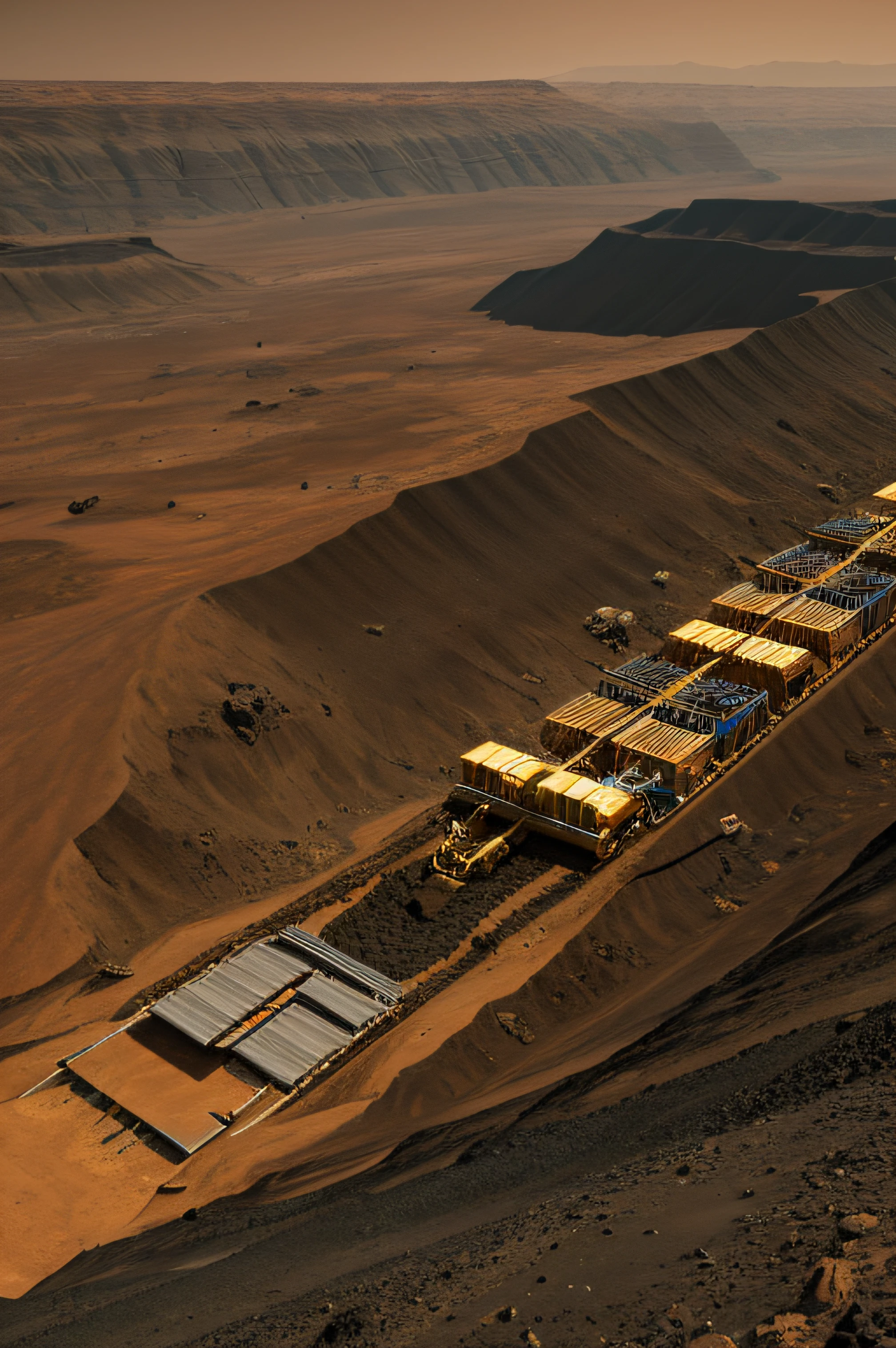 On Mars, a huge, cutting-edge mining excavation machine is at work. Metallic luster texture, mineral conveyor belt, and mining personnel are distributed on the Martian ground. Bright picture, different machines, starry sky, daytime, digging into large mechanical details, super wide angle, bird's eye view, high realism, light and dark