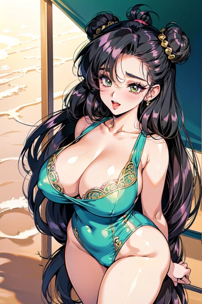 "(masterpiece:1.1), best quality, NSFW, 
1girl, gyaru, (80s anime style:1.3), (eyelashes:1.5), (:1.2), 
(intricate high detailed body:1.2), 
black hair, 
(hair over one eye:1.1), (long hair, twin bun:1.1), 
green eyes, (red lip stick:1.1), 
(curvy body:1.2), (gigantic breasts:1.5), 
(expressionless:1.2), (open mouth, tongue out, blush:1.2),
(sexy lace swimsuit:1.1), 
jewelry, hair ornament, 
standing, peace,
(cowboy shot:1.1),
(daytime, beach:1.2)"