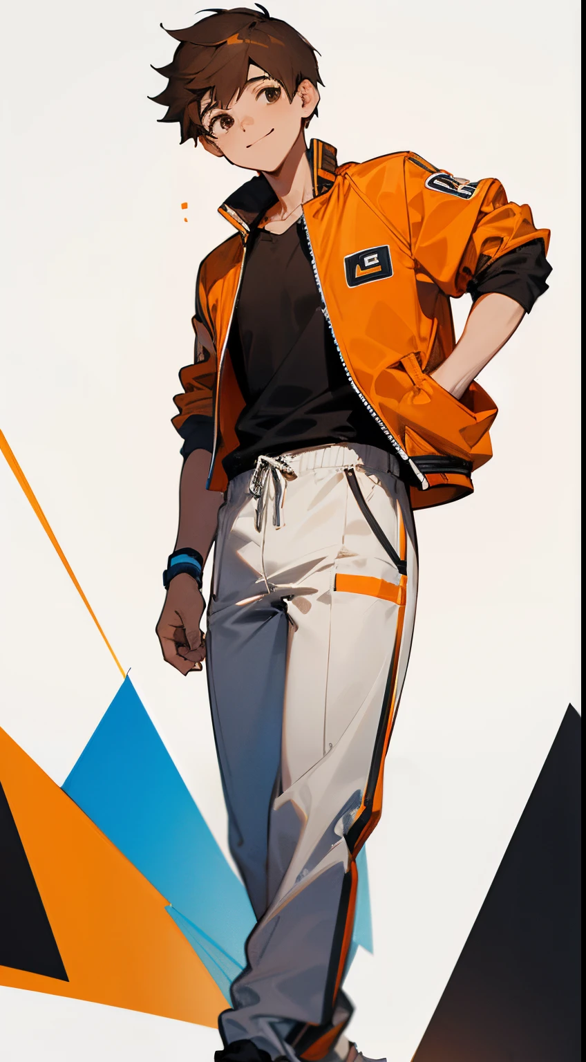 young male standing with a hand in his pocket, orange and black college jacket, white t-shirt underneath, grey pants, white sport sneakers, brown short hair, brown eyes, smiling, white background