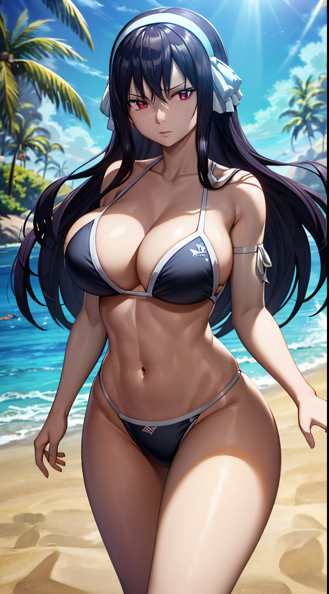 masterpiece, absurdres , (intricate details), (colorful),cinematic lighting,bust shot,extremely detailed CG unity 8k wallpaper, ultearrnd, 1girl, mature female,breasts,bikini, beach, summer, sunlight, ocean,wind, cloudy sky, palm tree, looking at viewer, running,lens flare,