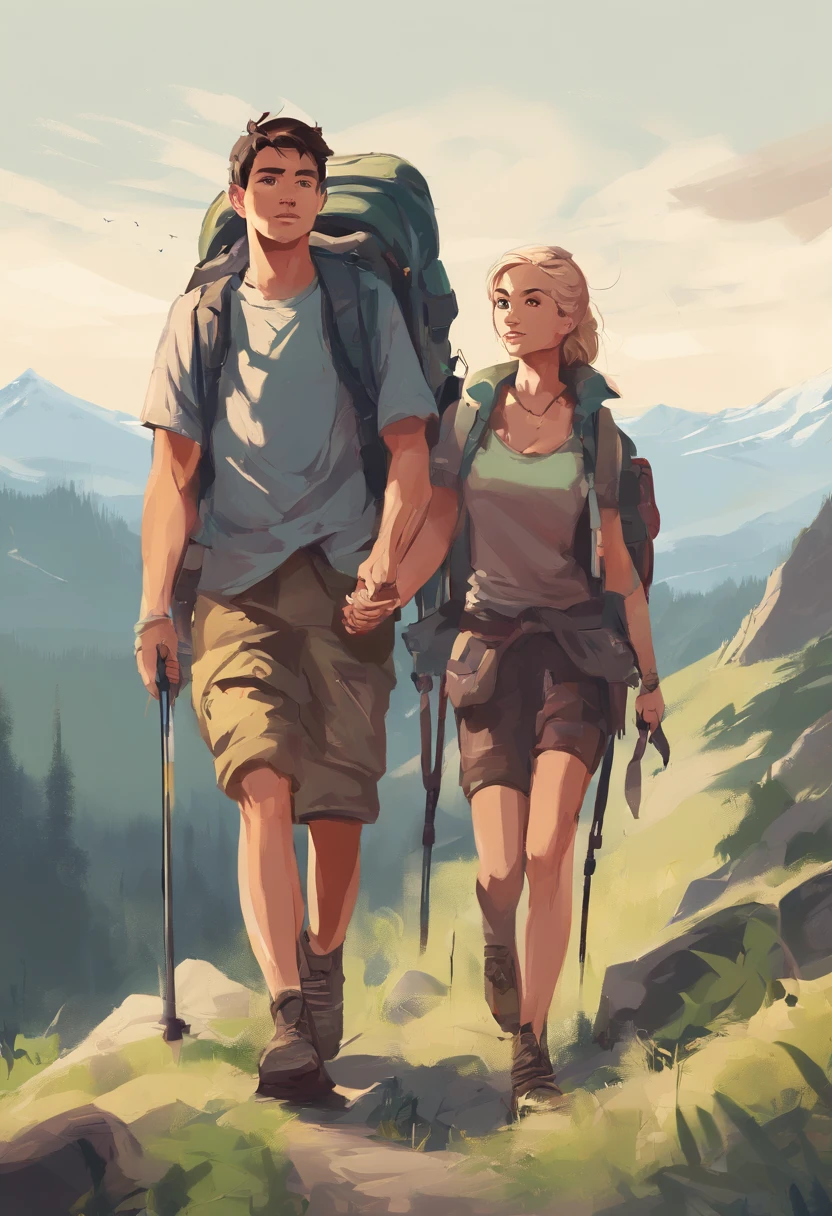 a young man and a woman，Go hiking， hillside，Hold hands ，One trekking pole per person，Help each other climb mountains