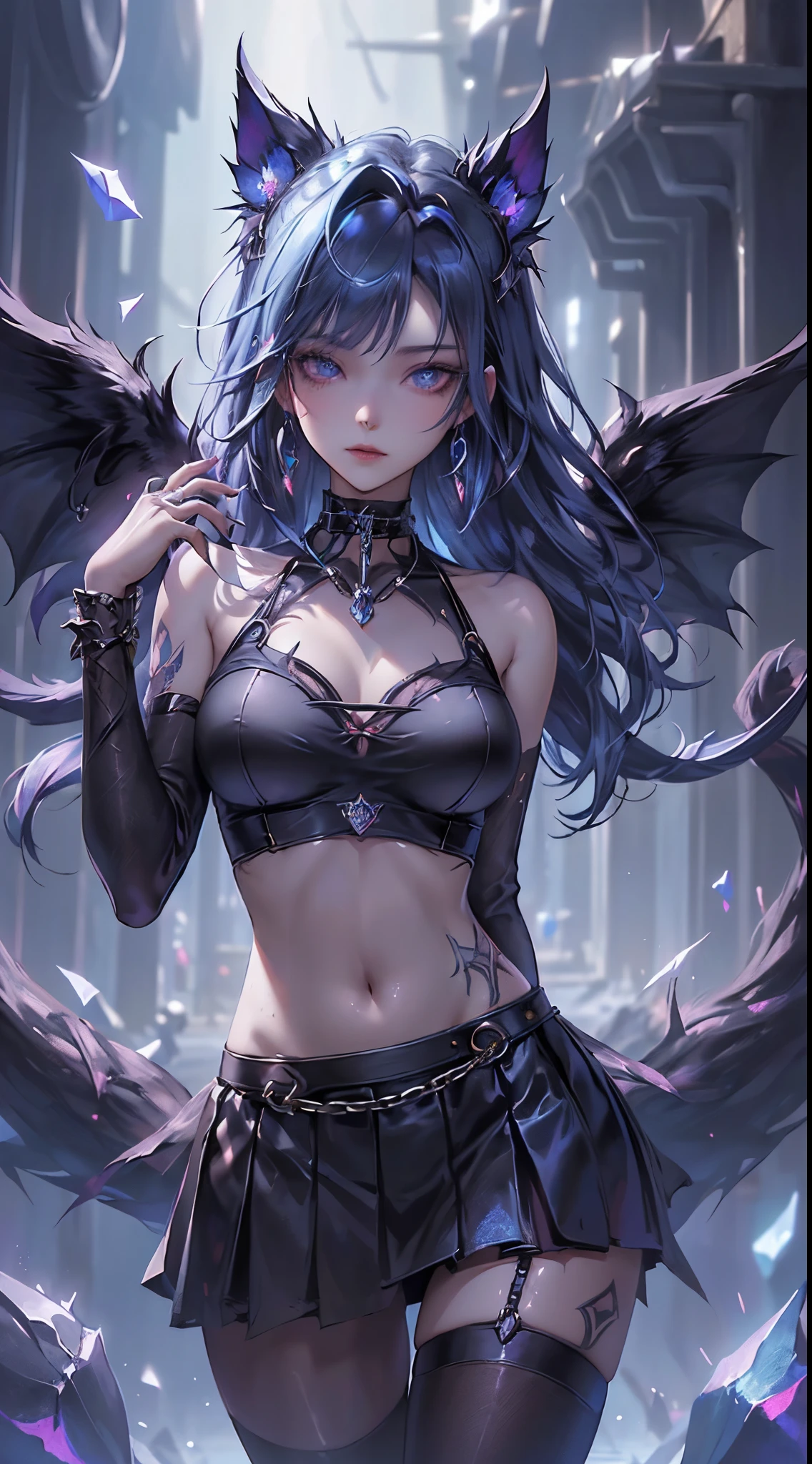 top-quality、Top image quality、masterpiece、girl with((18year old、Dark clothing、Dark bra、Dark skirt、 Best Bust、Bust 90、Blonde Shorthair、Blue eyes、open chest wide、Valley、Happiness、A slender、Provocative behavior、Evil face、Handcuffed、High laughter、Skull Tattoo、Tattoo of roses、Targeting your audience、Tighten blue rose hair、Aura of Darkness,Dark Forces,blue flames、Chain Accessories、Black wings、Black manicure、Black whip、Wearing the Vibration of Darkness))hiquality、Beautiful Art、Background with((prison、Dark impression、nightcity,Red sky、Many bats、many chains、the magma、Bright red earth))、masutepiece、Elaborate design、visualart、dark art, Colossal tits