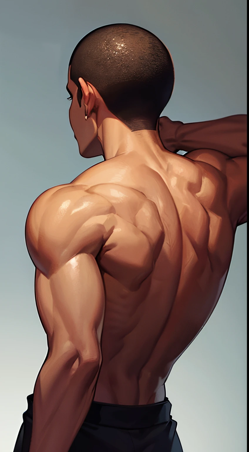 1 boy, brown skin, buzz cut, wide back, muscular arms, serious face, wearing a black t-shirt