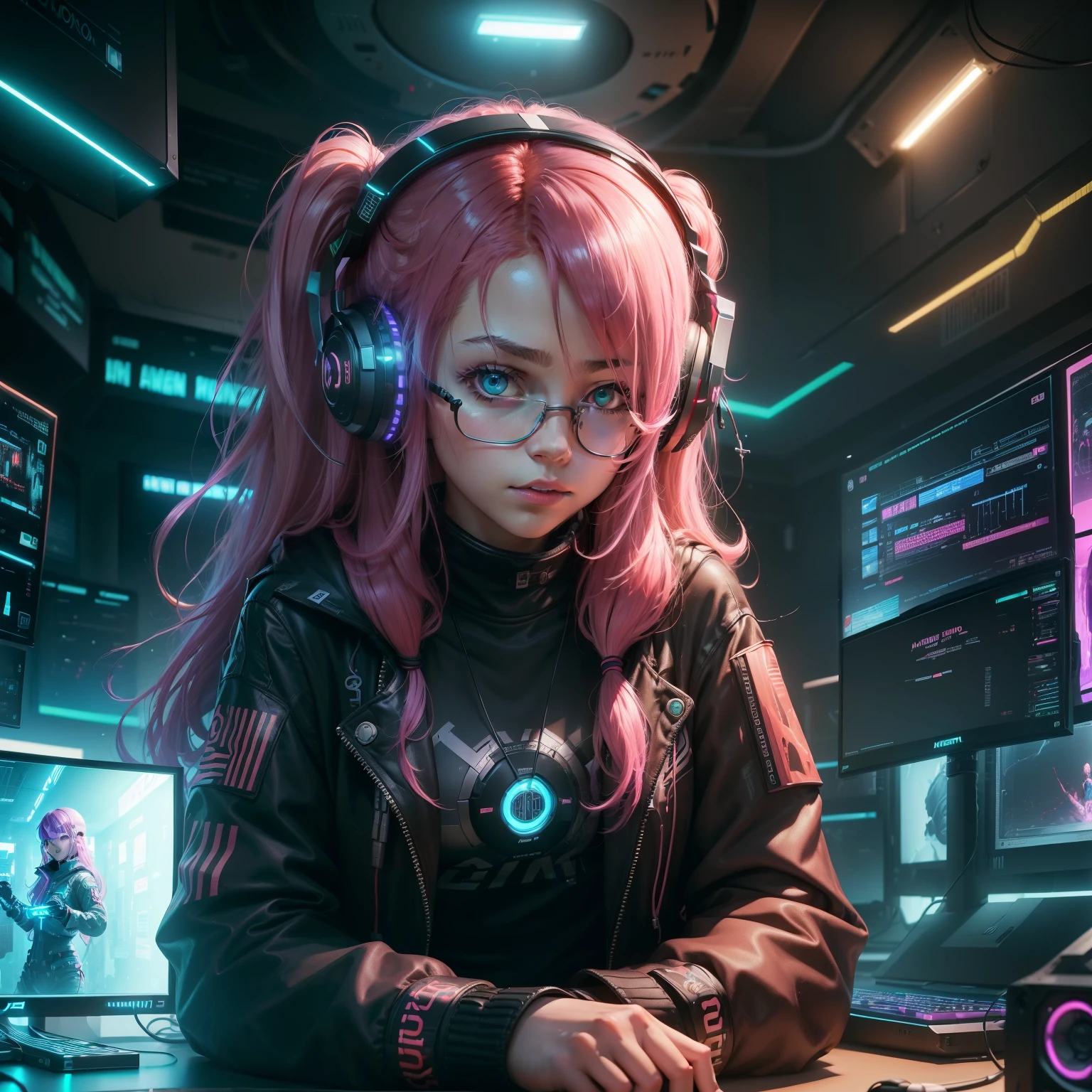 ((Masterpiece)), (((Best Quality)))), ((Illustration)), (Depth of Field: 1.2),Solo,Dynamic Angle,1 Girl,Hacker Beautiful  medium skin colored Girl, Indoors, Room, Dim Room, Sci-Fi, Neon, Neon Lights, Cyberpunk, Computer Room, Gaming Headphones, Computer Equipment, Ethical Hacker, Server Room Background, display lights, monitors, (LED monitors, surrounded by multiple display monitors: 1.5), gaming chair,  bright pink hair highlights, long hair, light cyber clothes, energy drinks, cables, messy room, front, bottom, talking at camera, wearing cyber punk aviator googles