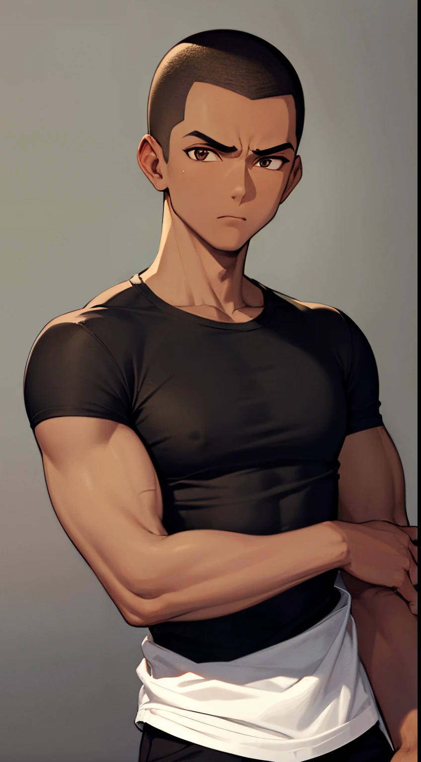 1 boy, brown skin, buzz cut, muscular arms, serious face, wearing a black t-shirt