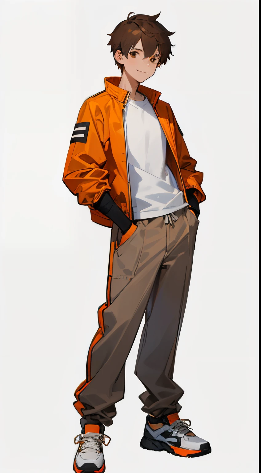 young male standing with a hand in his pocket, orange jacket/black sleeve, white t-shirt underneath, grey pants, white sport sneakers, brown short hair, brown eyes, smiling, white background, full body