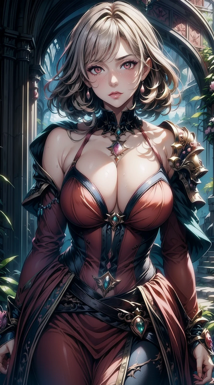 (masterpiece), best quality, expressive eyes, perfect face, upper body, beautiful face, mature woman, focused, beautiful eyes, orange eyes, medium grey hair, brown skin, fantasy dress, princess, fantasy tower background, front view, close up, pink lipstick, crystal necklace, pink blush, facing viewer, grown up woman , mature face