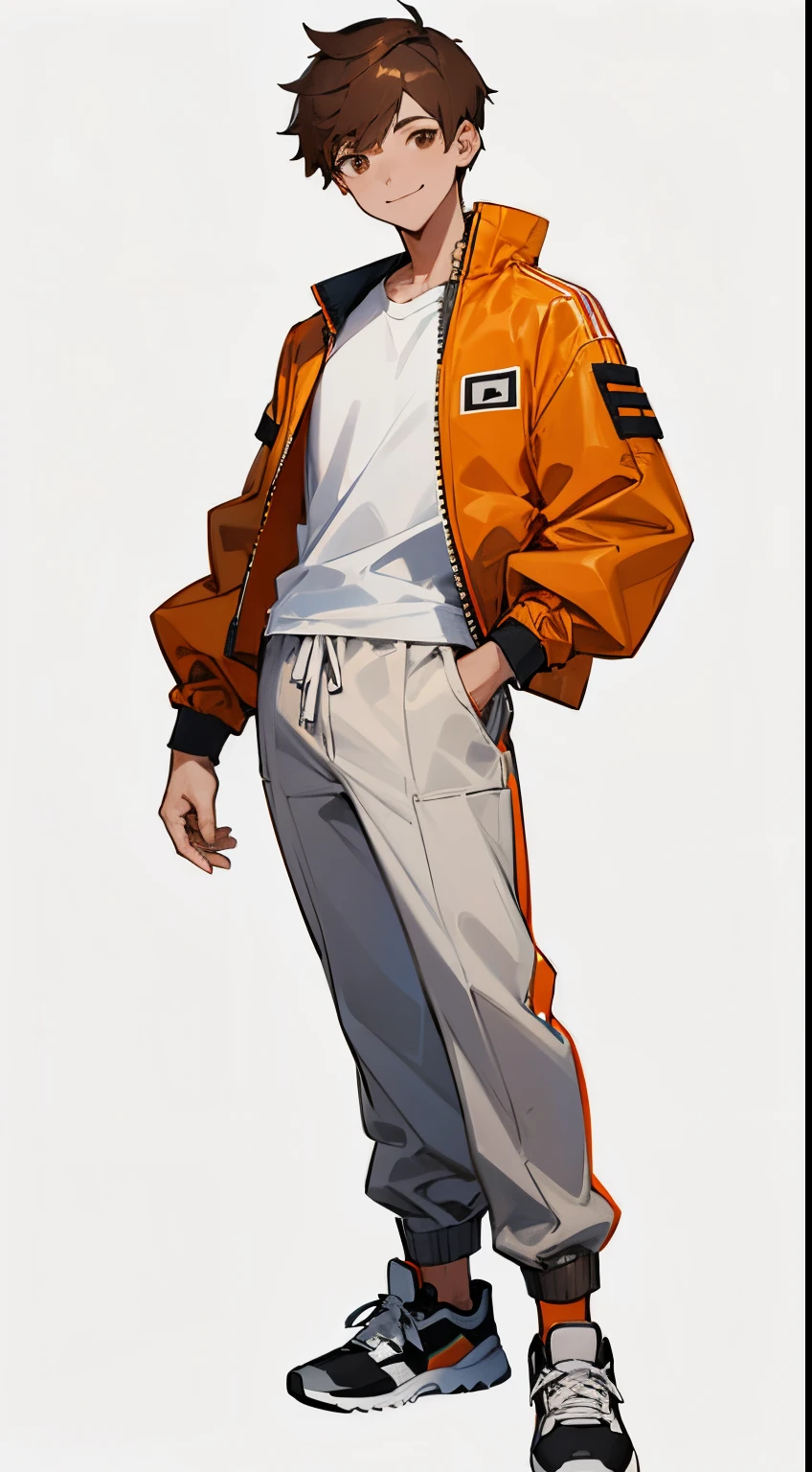 young male standing with a hand in his pocket, orange jacket/black sleeve, white t-shirt underneath, grey pants, white sport sneakers, brown short hair, brown eyes, smiling, white background, full body