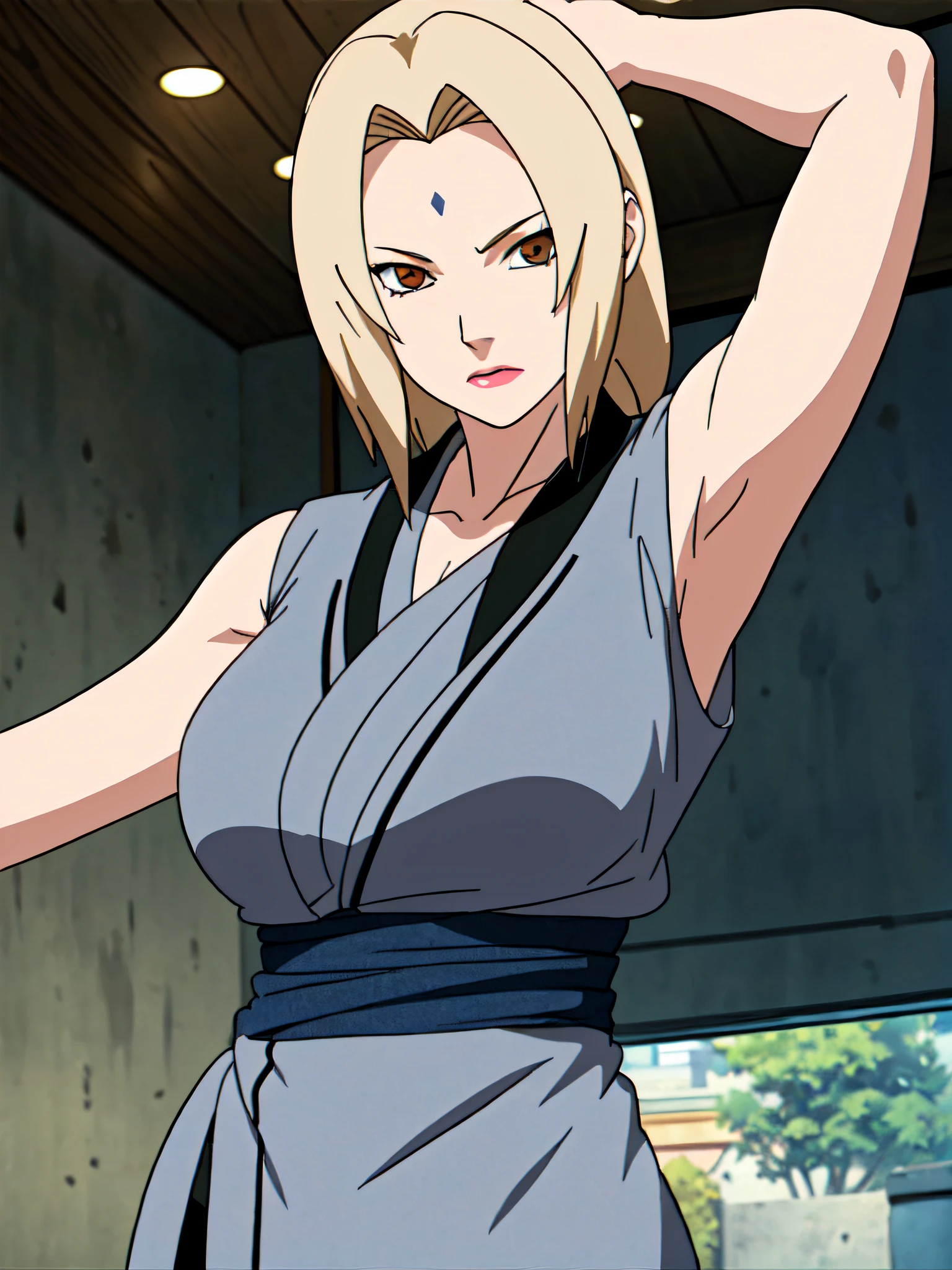 masterwork, best quality, Sharpness, Tsunade Senju, sleeveless, half body, shaved armpits, detailed, showing armpits