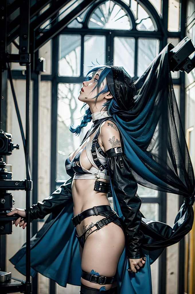 1girl, (nun:1.1), blue hair, messy hair, (braid), young female, ahegao, rolling eyes, black thighhighs, torn clothes, (veil:1.2), bare breasts, headback, view from the side