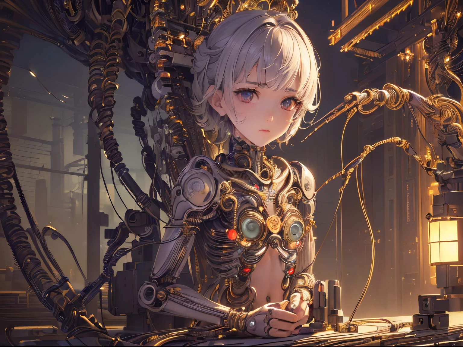 (((masterpiece))), (((best quality))), ((ultra-detailed)), (highly detailed CG illustration), ((an extremely delicate and beautiful)),(young boy),cinematic light,((1mechanical girl)),solo,full body,(machine made joints:1.4),((machanical limbs)),(cybernetic japanese woman samurai), ,expressionless,(wires and cables attaching to head and body:1.5),(character focus),science fiction
