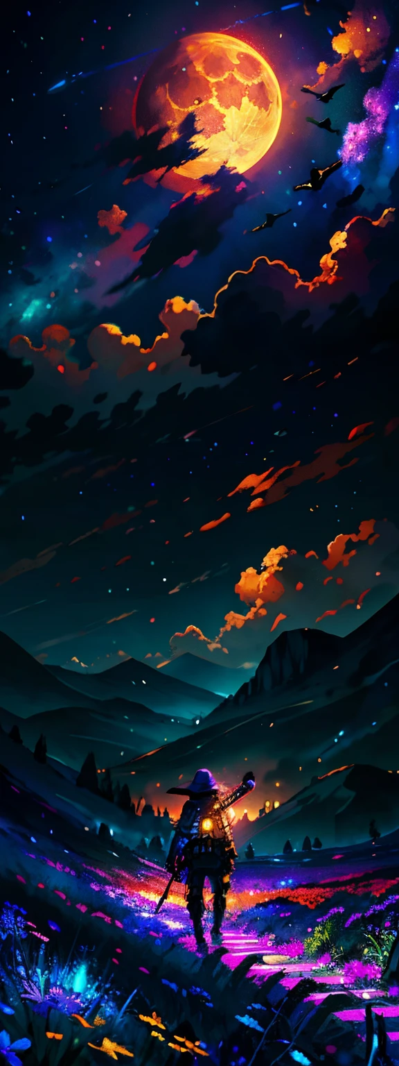 expansive landscape photograph , (a view from below that shows sky above and open field below), a girl standing on flower field looking up, (full moon:1.2), ( shooting stars:0.9), (nebula:1.3), distant mountain, tree BREAK
production art, (warm light source:1.2), (Firefly:1.2), lamp, lot of purple and orange, intricate details, volumetric lighting BREAK
(masterpiece:1.2), (best quality), 4k, ultra-detailed, (dynamic composition:1.4), highly detailed, colorful details,( iridescent colors:1.2), (glowing lighting, atmospheric lighting), dreamy, magical, (solo:1.2)