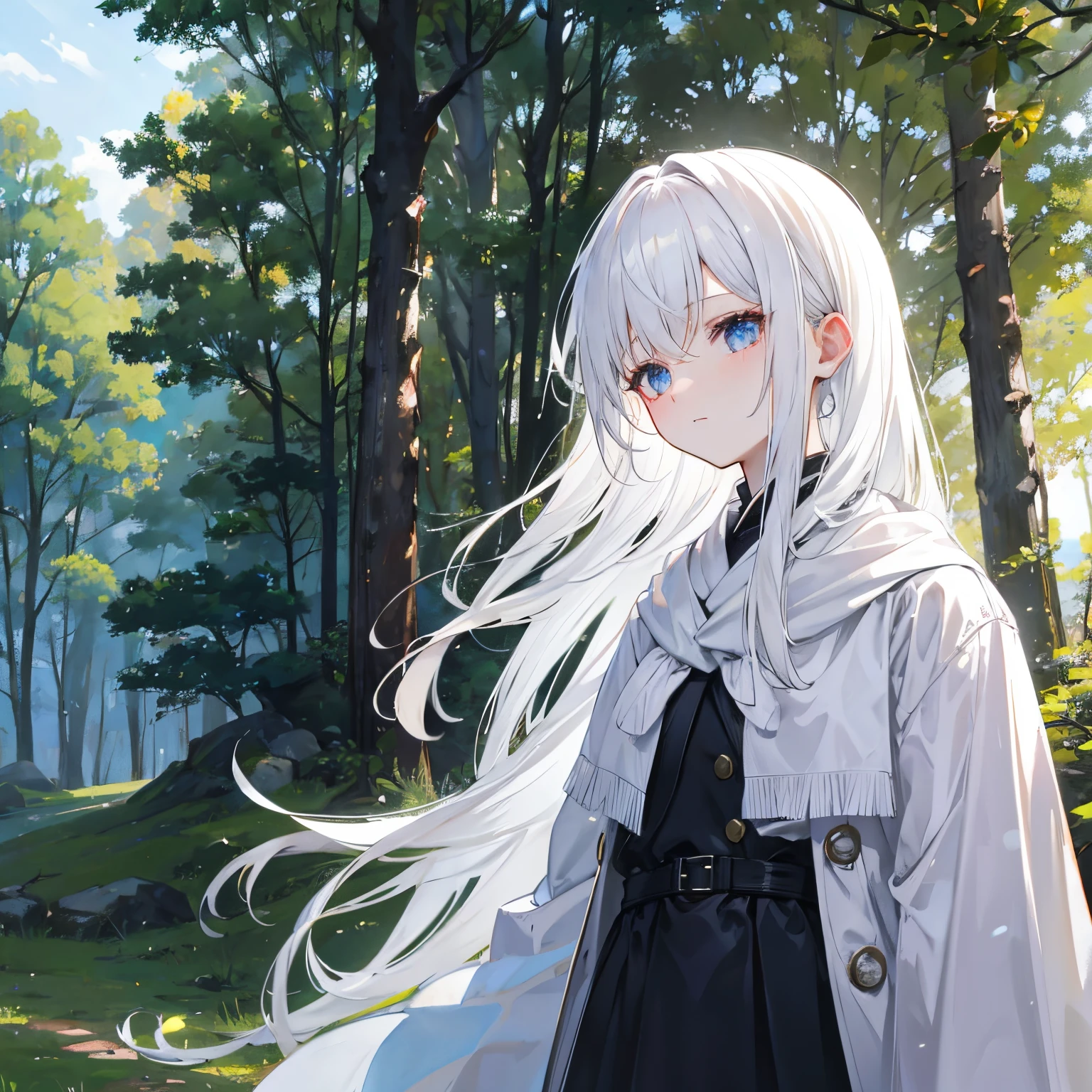 white  hair、in woods