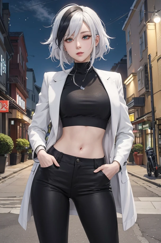 a woman in black pants and a white jacket standing on a street, female anime character, single character full body, seductive anime girl, anime full body illustration, girls frontline style, anime character, attractive anime girl, anime vtuber full body model, from girls frontline, silver eyes full body, as an anime character, perfect white haired girl, full body single character, ((masterpiece, best quality)), illustration, ultra detailed 8k, photorealistic, sharp focus, highly detailed, professional lighting, colorful details,