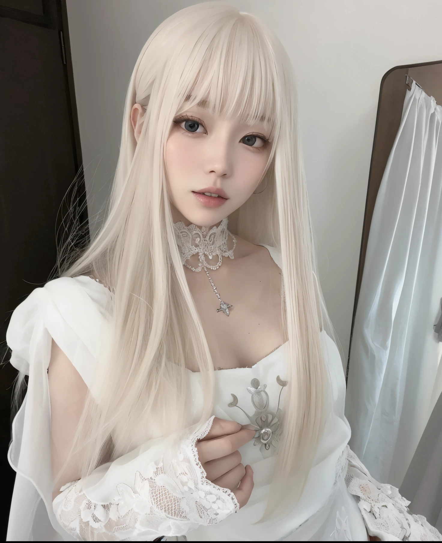 garota loira de vestido branco posando para uma foto, branco hime corte penteado, longos cabelos brancos e franja, com cabelos longos brancos, com longos cabelos brancos, cabelos lisos longos e brancos, franja branca, Ulzzang, cabelos lisos brancos, cabelos longos brancos!!, O corte Hime, pale hair, cabelo comprido com franja completa, pale milky white porcelain skin, longos cabelos brancos