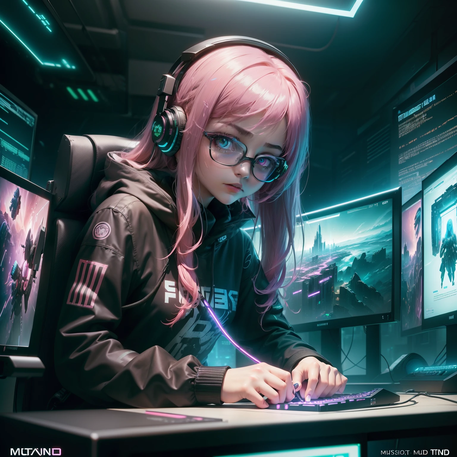 ((Masterpiece)), (((Best Quality)))), ((Illustration)), (Depth of Field: 1.2),Solo,Dynamic Angle,1 Girl,Hacker Beautiful 15 Years Old medium skin colored Girl, Indoors, Room, Dim Room, Sci-Fi, Neon, Neon Lights, Cyberpunk, Computer Room, Gaming Headphones, Computer Equipment, Ethical Hacker, Server Room Background, display lights, monitors, (LED monitors, surrounded by multiple display monitors: 1.5), gaming chair, bright pink hair highlights, long hair, light cyber clothes, energy drinks, cables, messy room, front, bottom, talking at camera, wearing cyber punk aviator googles, looking directly at the camera