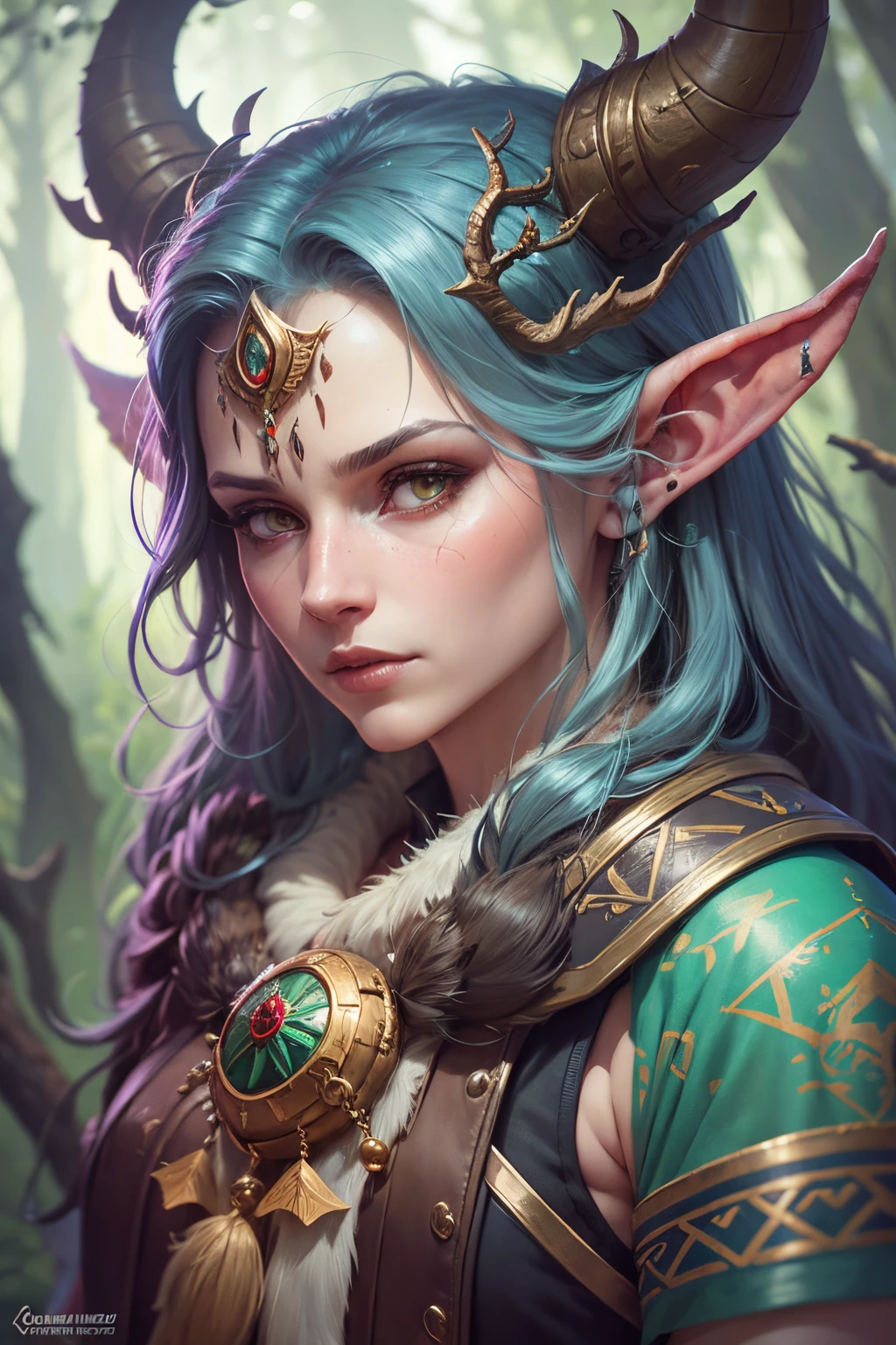 (Very detailed 8K wallpapers), medium plan,mythical_beings forest spirits male humanoid horns green_eyes leaves antlers folklore slavic_mythology, intricated, higly detailed, dramatic