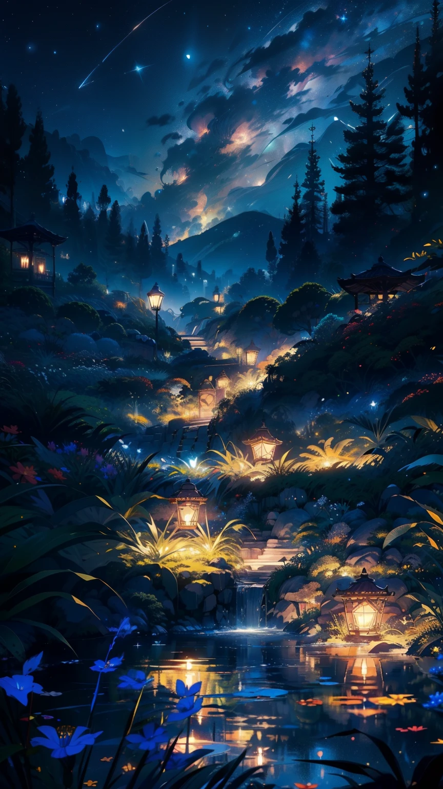 master part, gorgeous, Landscape, (((DDIM_HumaDDIMs))), Noite, flor, Jardim, Starry sky, constellations, atordoante, vista, water, quente, aconchegante, peaceful, Meteoro, cosmico, Magic, magia, particuls, Justo, ((Pirilampos))
