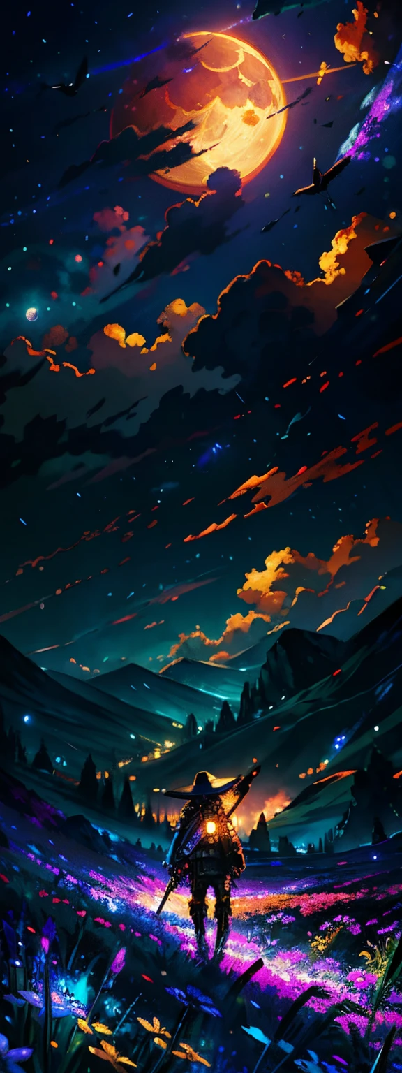expansive landscape photograph , (a view from below that shows sky above and open field below), a girl standing on flower field looking up, (full moon:1.2), ( shooting stars:0.9), (nebula:1.3), distant mountain, tree BREAK
production art, (warm light source:1.2), (Firefly:1.2), lamp, lot of purple and orange, intricate details, volumetric lighting BREAK
(masterpiece:1.2), (best quality), 4k, ultra-detailed, (dynamic composition:1.4), highly detailed, colorful details,( iridescent colors:1.2), (glowing lighting, atmospheric lighting), dreamy, magical, (solo:1.2)