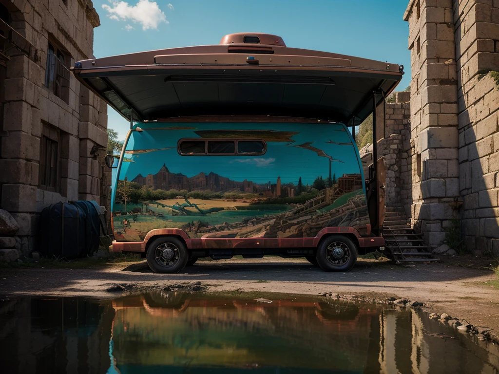 masterpiece, concept art, fantasy theme, (fantasy RV vehicle:1.2), cozy, adventure, vibrant color, fantasy mythical ancient ruins background, volumetric lighting, global illumination, reflection, HD