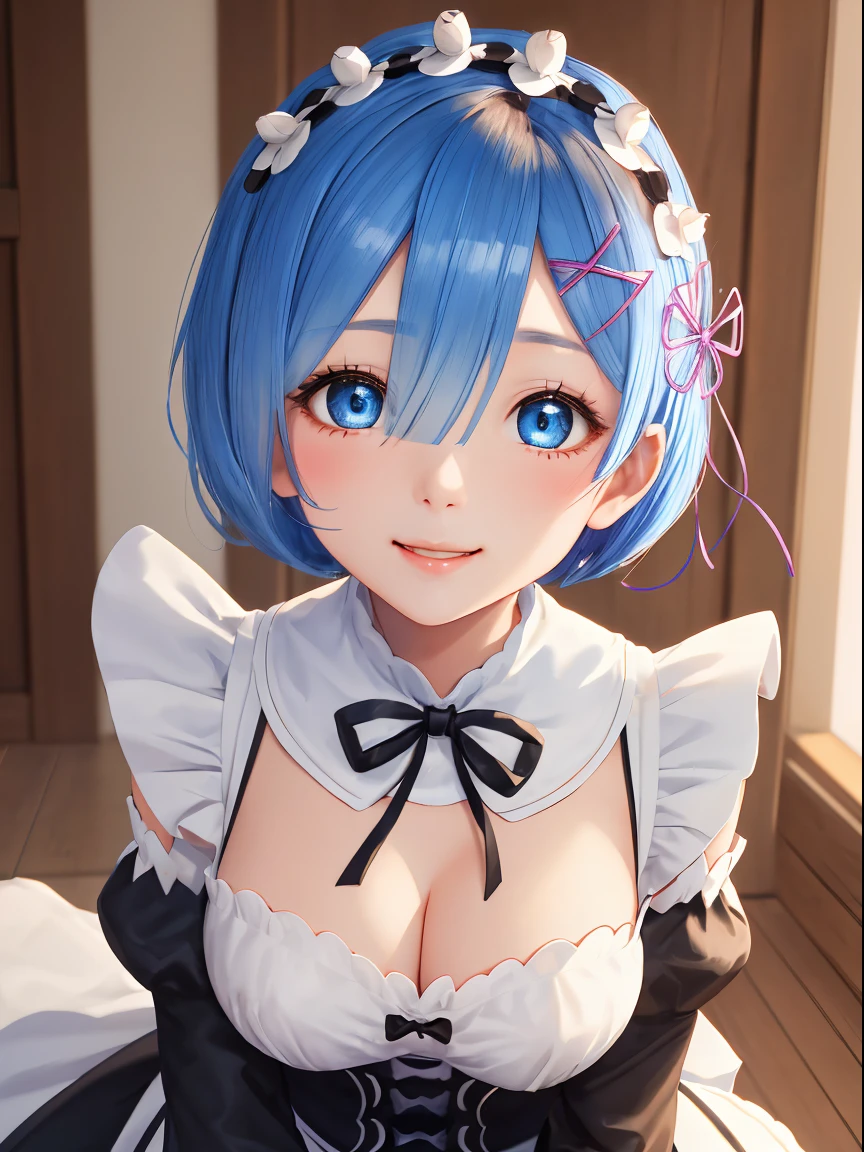 An ultra-high picture quality、(​masterpiece)、[3D images:1.15],Attractive eyes、front-facing view、1girl in, cute rem,A cute smile no matter who looks at it、 ((Intricate details)), Highly detailed, Upper body, 1girl in, Remu_Re_Staynight, Blue hair, Short hair, Maid Uniform, Hair Ornament, cleavage, Maid headdress, Detached sleeves, bow ribbon,Unity 8k壁纸, (Illustration:0.8), (Beautiful detailed eyes:1.16), extra detailed face、Dress correctly, Beautiful Finger、 charming figure,super precision、Beautiful thighs、