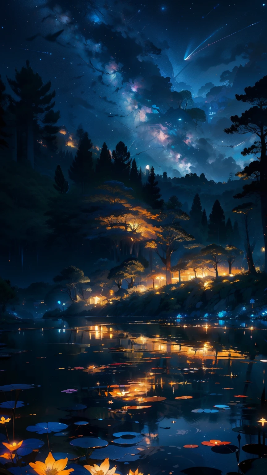 master part, gorgeous, Landscape, (((DDIM_HumaDDIMs))), Noite, flor, Jardim, Starry sky, constellations, atordoante, vista, water, quente, aconchegante, peaceful, Meteoro, cosmico, Magic, magia, particuls, Justo, ((Pirilampos))