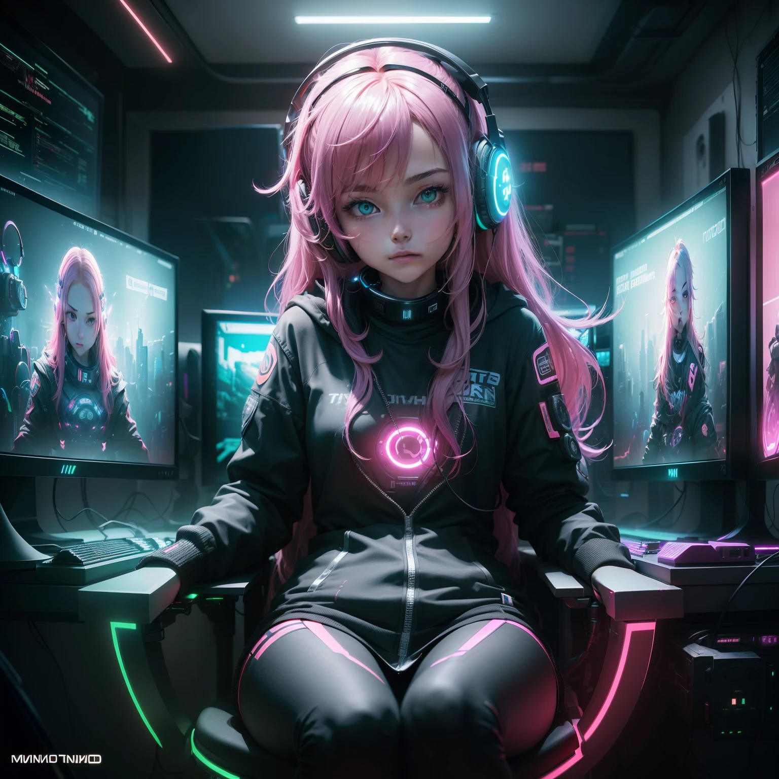 ((Masterpiece)), (((Best Quality)))), ((Illustration)), (Depth of Field: 1.2),Solo,Dynamic Angle,1 Girl,Hacker Beautiful medium skin colored Girl, Indoors, Room, Dim Room, Sci-Fi, Neon, Neon Lights, Cyberpunk, Computer Room, Gaming Headphones, Computer Equipment, Ethical Hacker, Server Room Background, display lights, monitors, (LED monitors, surrounded by multiple display monitors: 1.5), gaming chair, bright pink hair highlights, long hair, light cyber clothes, energy drinks, cables, messy room, front, bottom, talking at camera, wearing cyber punk aviator googles, looking directly at the camera