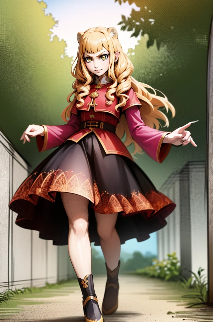 petite fille, oreilles de tigre, queues de tigre, art martial, poitrine moyenne, cheveux roses, skirt, vest, godess,1girl,coat,walking, solo focus.1character, holy catholic mountain,, goddess, fantasy, mid long skirt, smile, smug