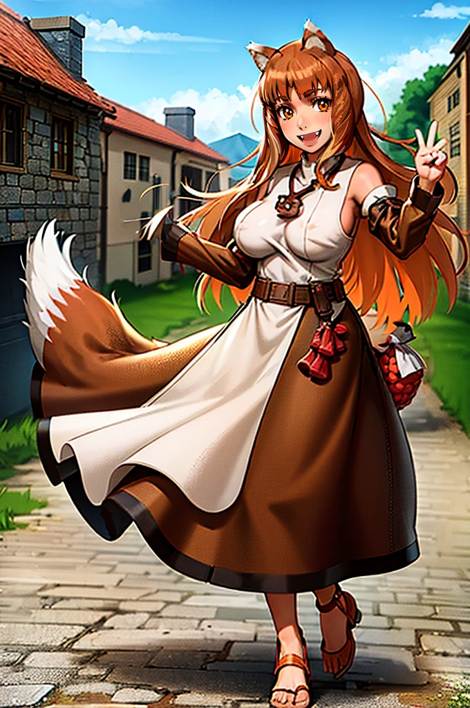 (holo:1.5), (holoBrownDress:1.5), masterpiece, best quality, absurdres, 1girl, looking at viewer, standing, cowboy shot, outdoors, medieval, cobblestone street, town, pouch, sash, smile, fruit, apple, basket,huge breast, curvy, silver hair, white hair, full body, flipflops,, smiling open mouth, fengs, teeth