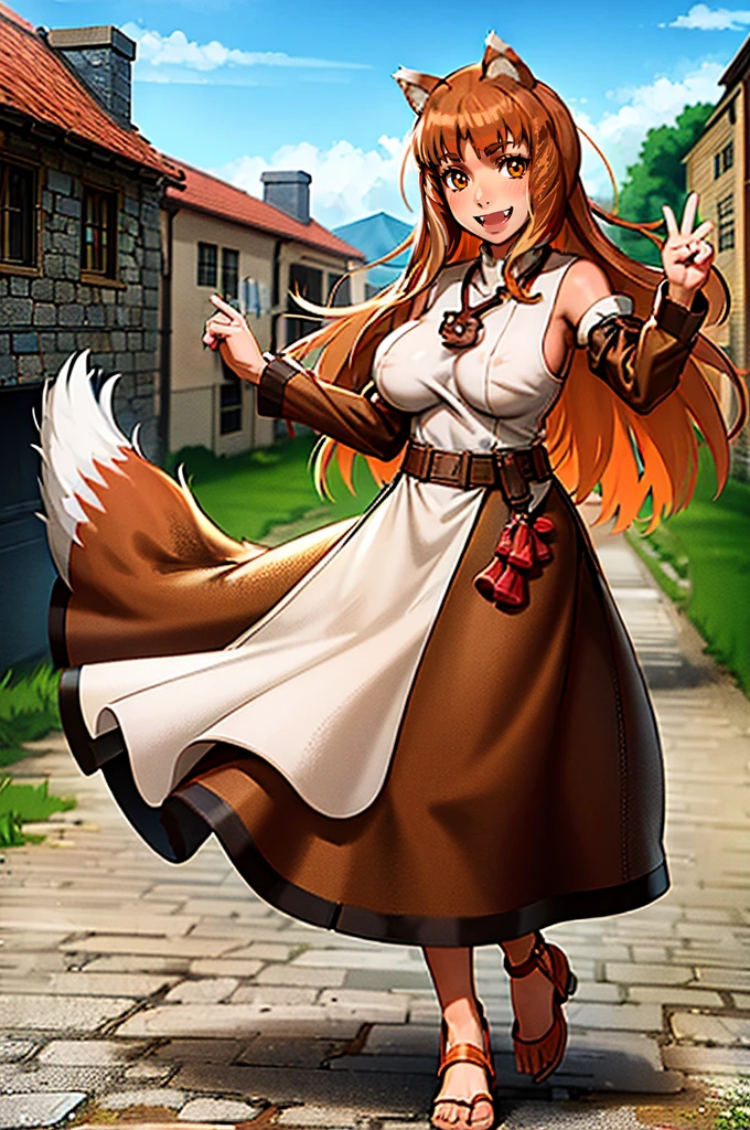 (holo:1.5), (holoBrownDress:1.5), masterpiece, best quality, absurdres, 1girl, looking at viewer, standing, cowboy shot, outdoors, medieval, cobblestone street, town, pouch, sash, smile, fruit, apple, basket,huge breast, curvy, silver hair, white hair, full body, flipflops,, smiling open mouth, fengs, teeth
