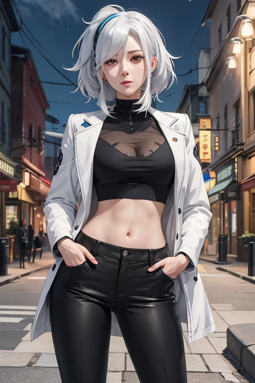 Adult woman, short white hair, high ponytail, blue eye color, White luxury jacket, pants, open breasts, blue lipstick, ssmile, Masterpiece, hiquality