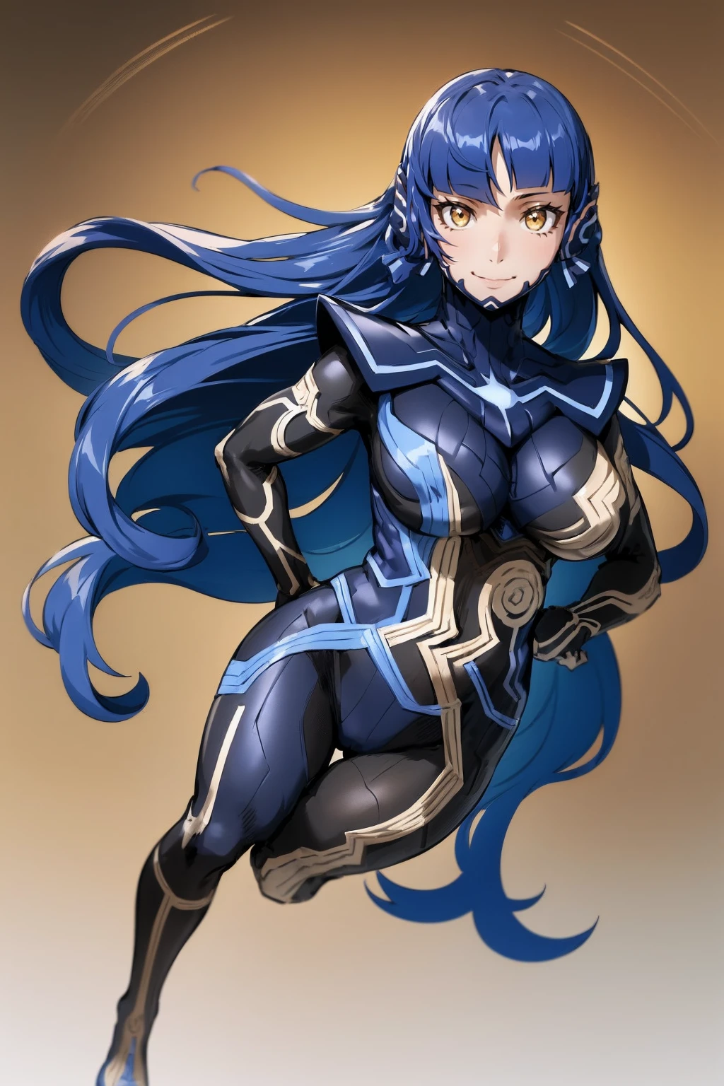 (masterpiece, best quality:1.2),full body, solo, female focus, 1girl, femenine, nahobino, smile, closed mouth, looking at viewer, arms at side, armor, bodysuit, medium breast, standing