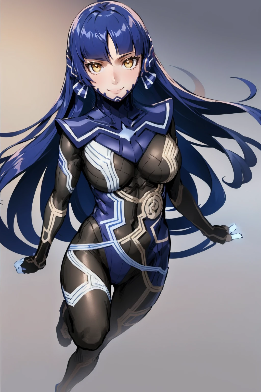 (masterpiece, best quality:1.2),full body, solo, female focus, 1girl, femenine, nahobino, smile, closed mouth, looking at viewer, arms at side, armor, bodysuit, medium breast, standing