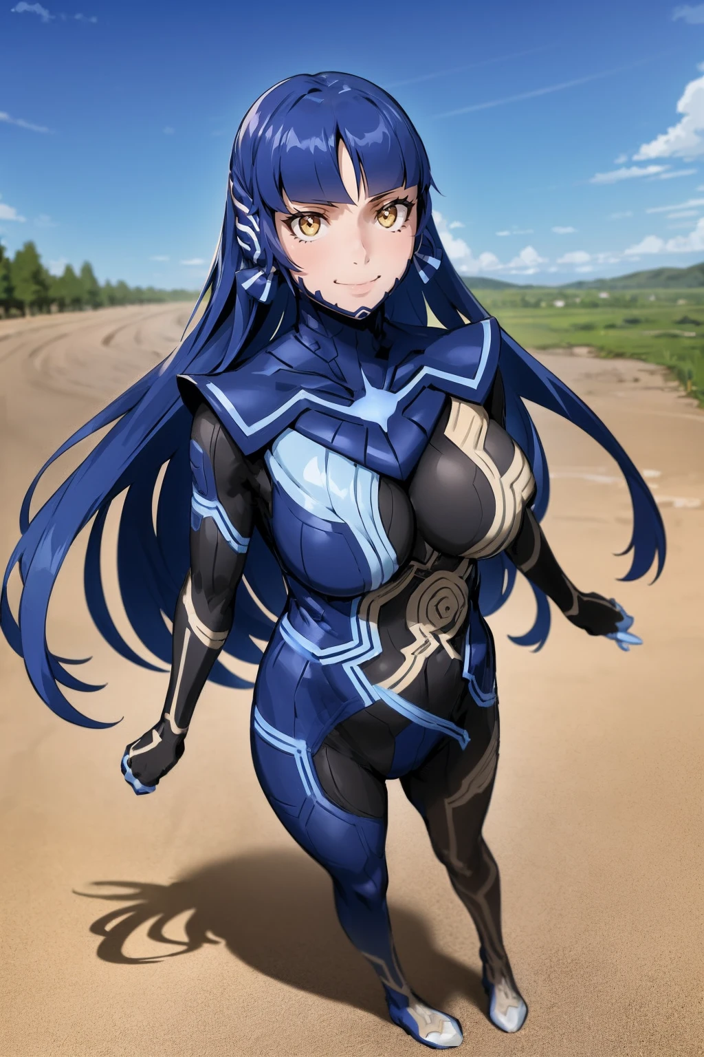 (masterpiece, best quality:1.2),full body, solo, female focus, 1girl, femenine, nahobino, smile, closed mouth, looking at viewer, arms at side, armor, bodysuit, medium breast, standing