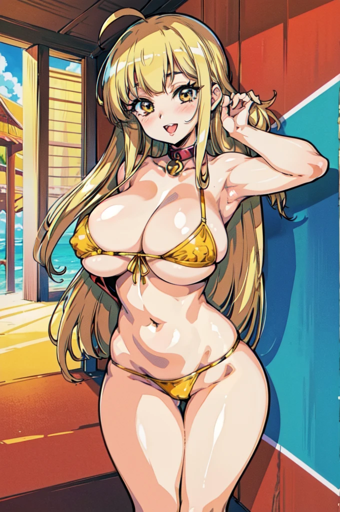"(masterpiece:1.1), best quality, NSFW,
1girl, gyaru, (80s anime style:1.3), (eyelashes:1.5), (li:1.2),
(intricate high detailed body:1.2),
yellow hair,
(blunt bangs:1.1), (long hair, straight hair:1.1),
brown eyes, (red lip stick:1.1),
(gigantic breasts:1.5),
(happy, smile:1.2), (open mouth, tongue out, blush:1.2),
(strapless bikini:1.1),
long gloves, collar, ahoge,
standing, peace,
(cowboy shot:1.1),
(daytime, beach:1.2)"