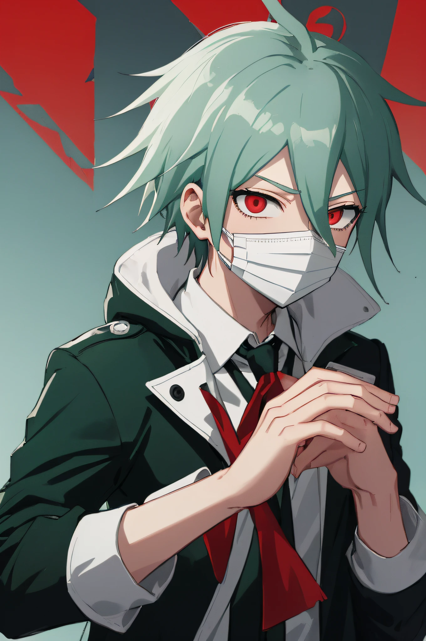 Boy, grey fading into seafoam green hair, red eyes, black jacket, red scarf, face mask, solo, hands in pockets, danganronpa, male, danganronpa art,