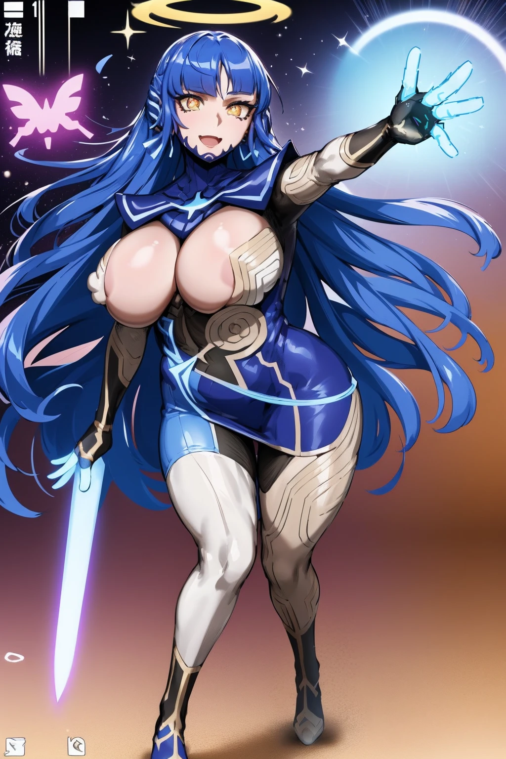 (best quality,masterpiece:1.2),intricate details,beautiful detailed eyes,beautiful detailed lips,extremely detailed eyes and face,longeyelashes,super curvy,comic style,vibrant colors,standing,innocent, full body, standing, smile,, holy magicalgirl, open mouth fang, holy haura, halo, smile, joyfull, paladin, sword holding, full body , boots, standing,cute,breast, curvy, female,fantasy goddess,there is a cartoon picture of a woman with a very large breast, glowing angelic being, glowing holy aura, inspired by Luma Rouge, the non-binary deity of spring, ethereal rainbow nimbus, the butterfly goddess of fire, inspired by Marie Angel, glowing aura around her, astral fairy, as the goddess of the sun, “uwu the prismatic person, big breast, happy, beautiful eyes, , full body, walking, long robe, long dress, ,priestess ,holy, smile, god rays, ray tracing, sparkle, cinematic lighting, UHD, retina, masterpiece, ccurate, anatomically correct, textured skin, super detail, high details, high quality, award winning, best quality, highres, 1080P, HD, 4K, thunder aura, light aura,full body suit