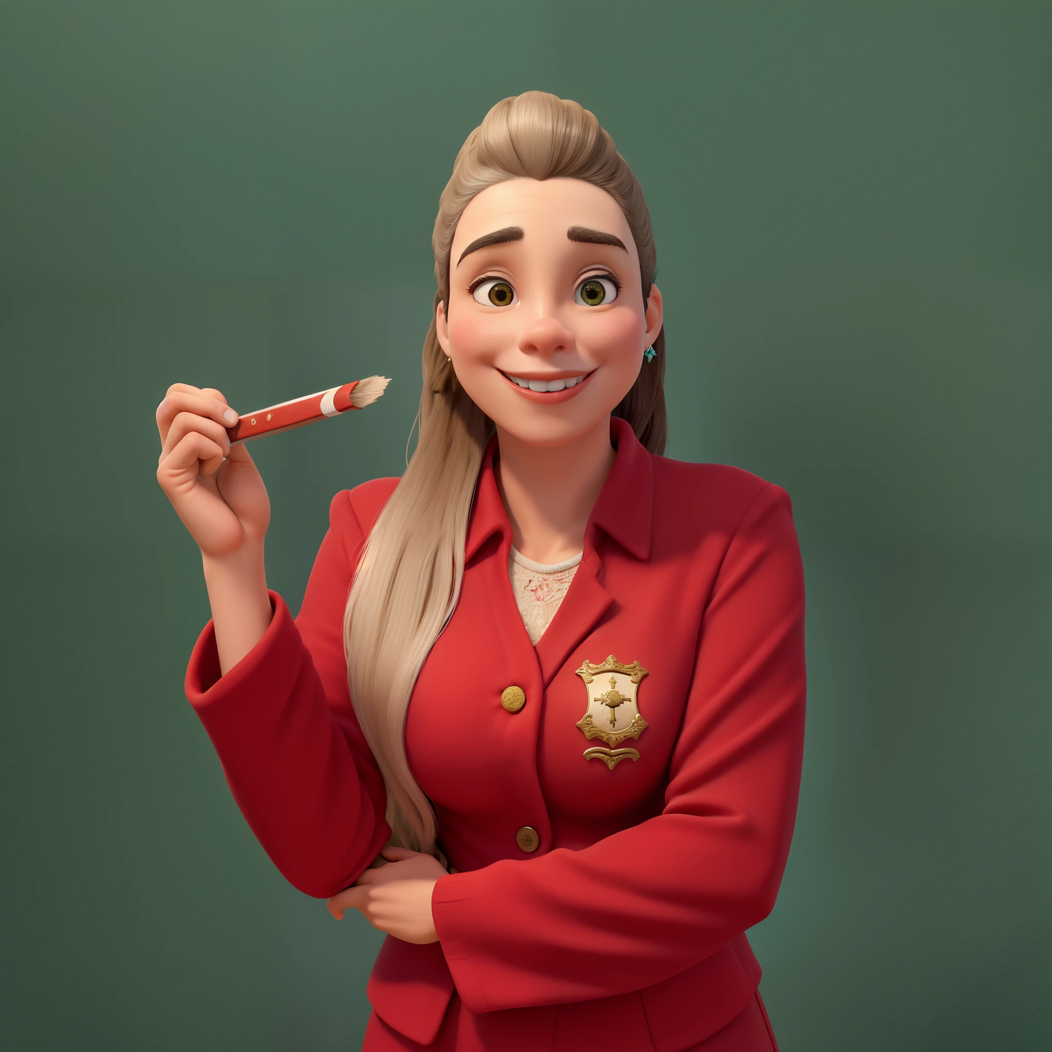 Obra-prima, de melhor qualidade, uma mulher loira, de jaleco vermelho , segurando canetas, no meio de uma biblioteca