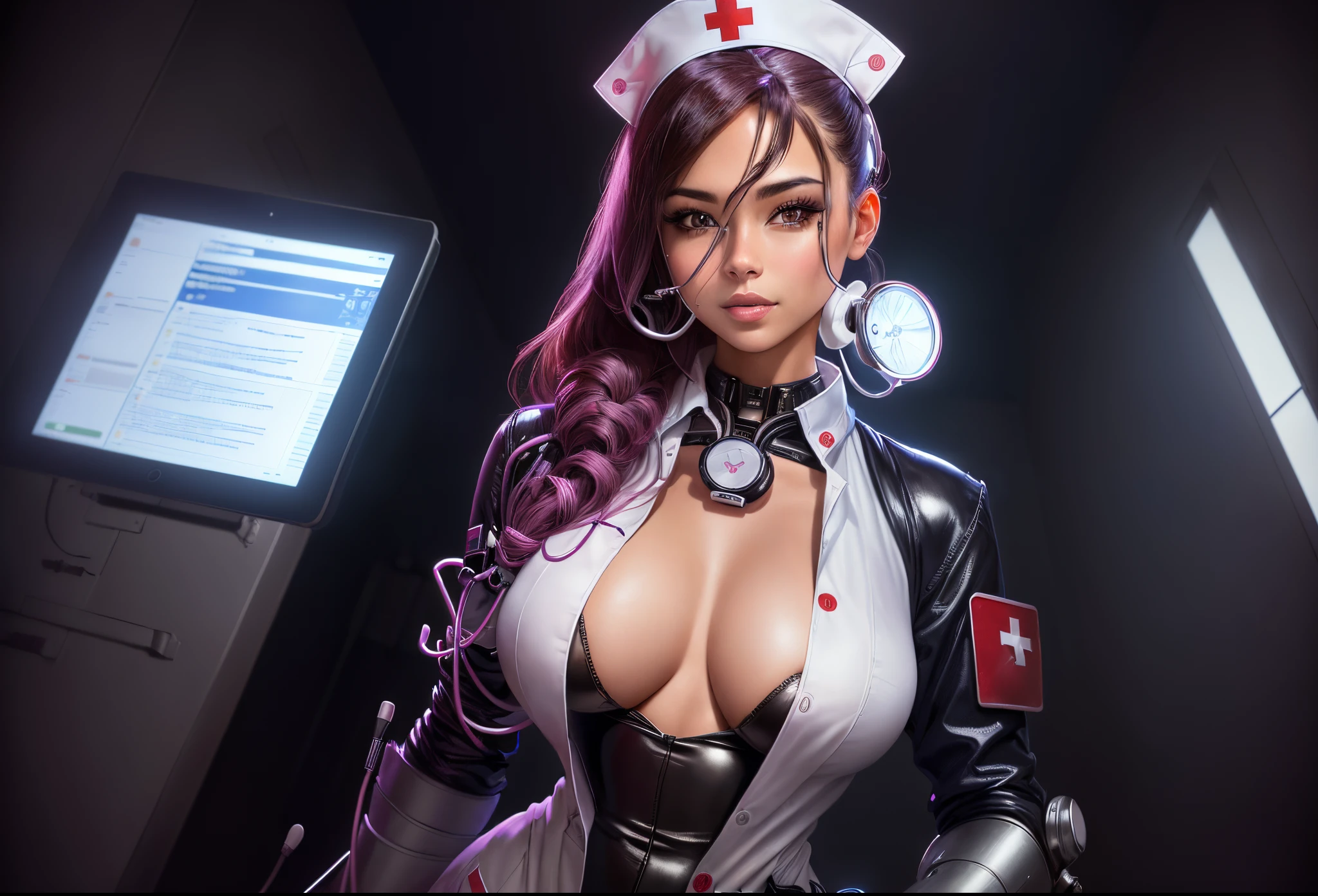 arafed nurse in uniform posing for a picture with a stethoscope, nurse girl, nurse, medical doctor, doctor, nurse costume, nurse's leather suit, close - fitting nurse costume, an alien robot naughty nurse, medic, (doctor), nursing, nurse uniform, with a stethoscope, surgeon, medical depiction, zenescope, sexy girl