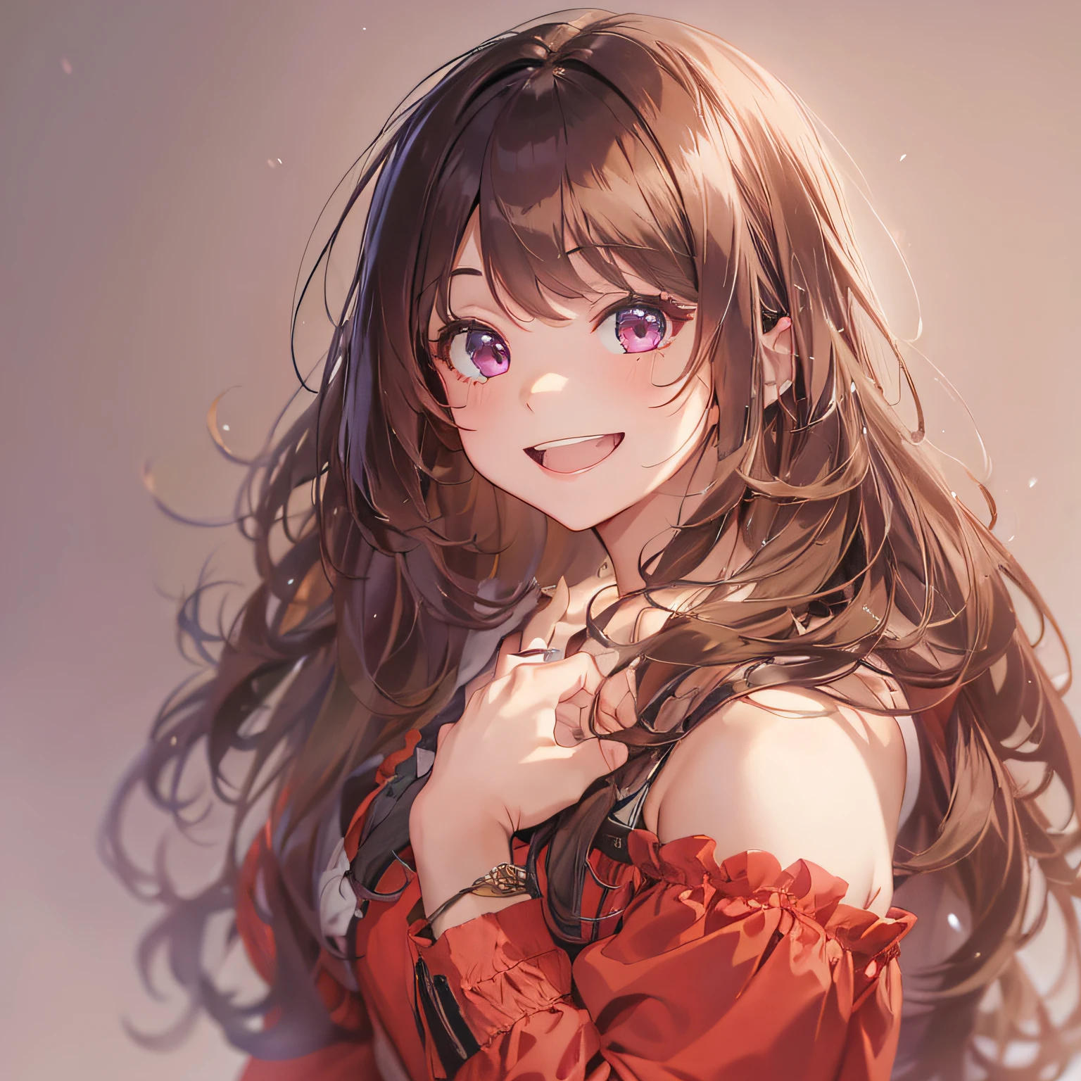 masterpiece、top-quality、(brown colored long hair、Half-up hairstyle、I have bangs:1.1)、25 year old woman with purple eyes、wearing a red off-shoulder dress、(emphasis on the chest:1.1)、(Smiling expression:1.3)、(Staring:1.5)、(Close-up of the subject's face:1.3)、is standing、five perfect and beautiful fingers、Place the camera above the subject、The background is the party venue、Bold composition、Upper body is shown、Alone、